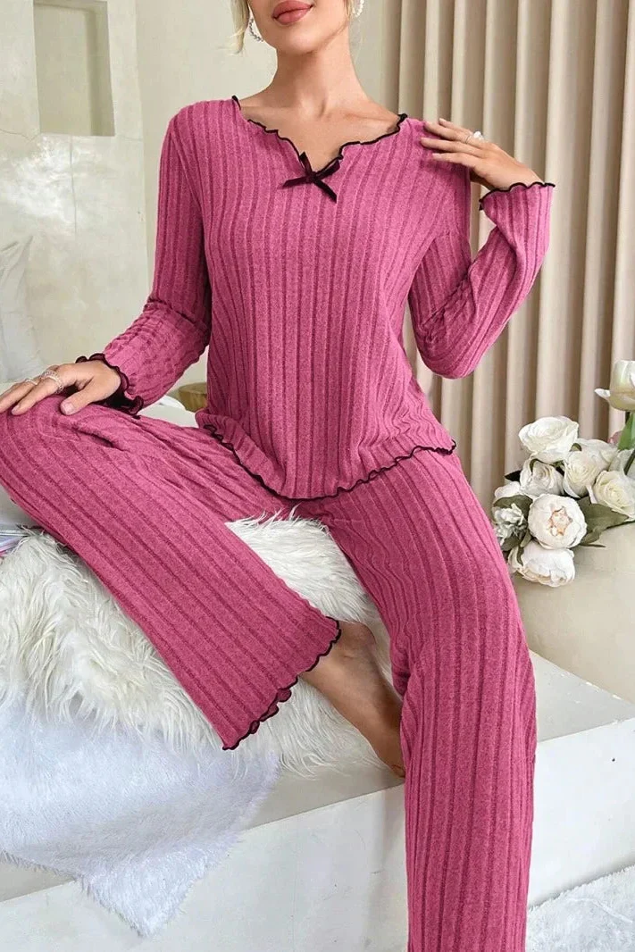 Ceylan Women’s Ribbed Knit Pajama Set Lettuce Edge Trim - Image 10