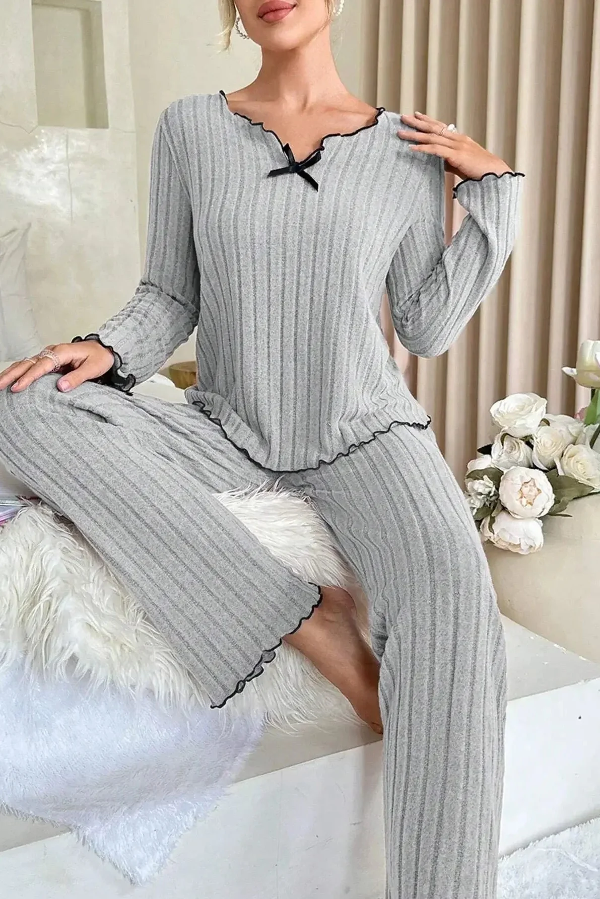 Ceylan Women’s Ribbed Knit Pajama Set Lettuce Edge Trim - Image 5
