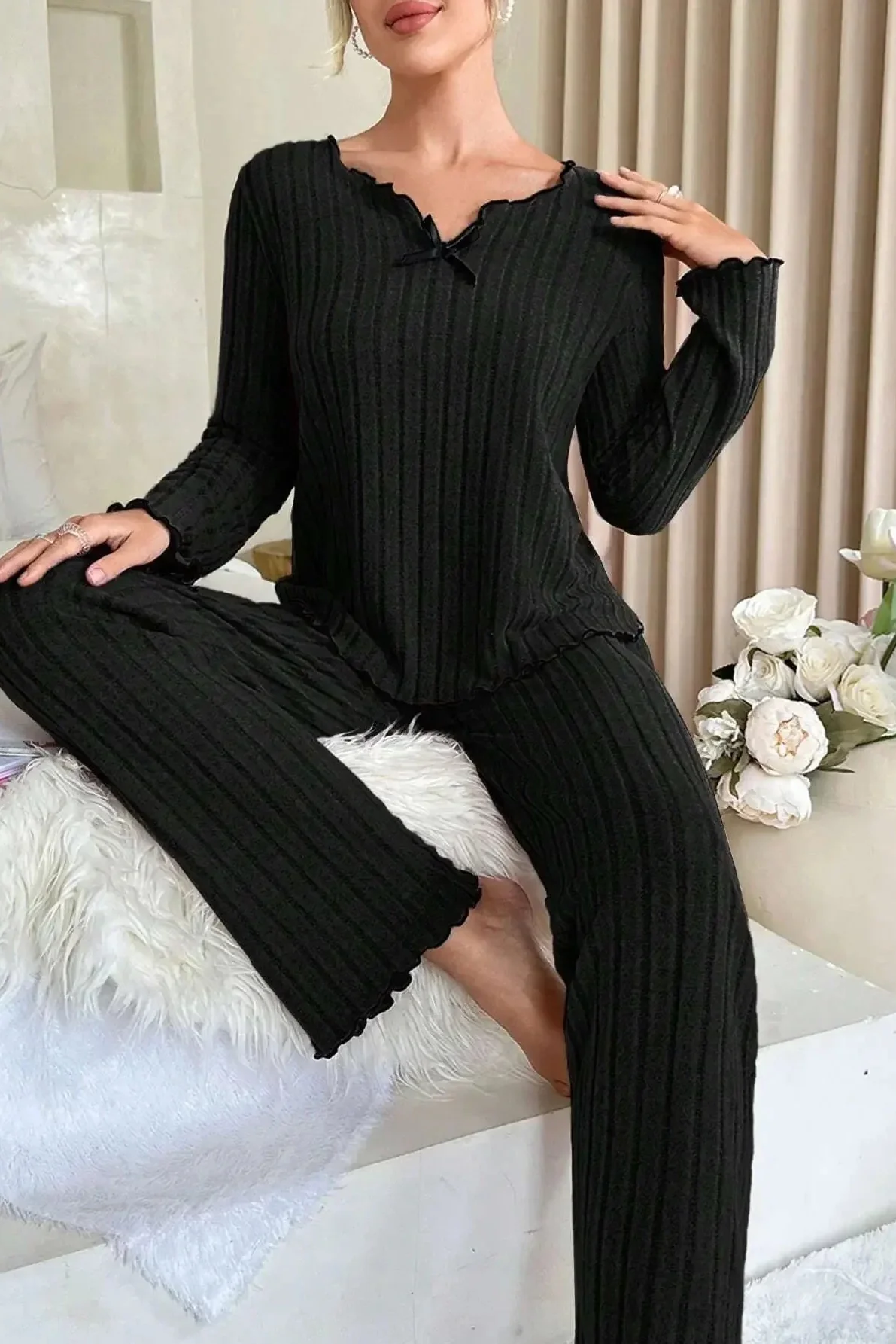 Ceylan Women’s Ribbed Knit Pajama Set Lettuce Edge Trim - Image 7