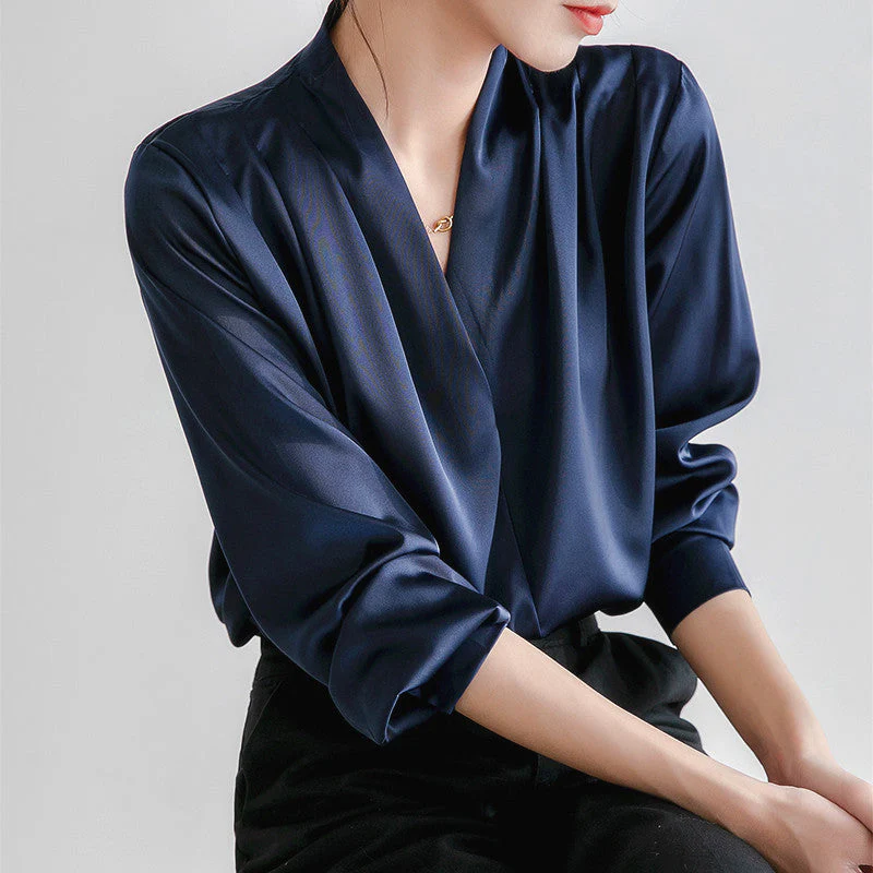Ceylan Women's Satin V-Neck Blouse Pleated Long Sleeve - Image 4
